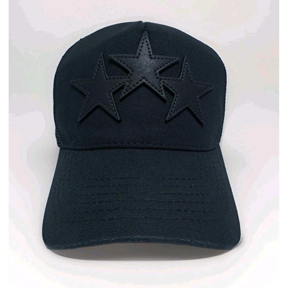 Amiri 3 Star Trucker Hat Triple Black Leather Snapback Mesh Baseball Cap